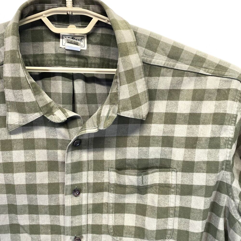 LL Bean Men's XXL Flannel Cotton Shirt Green Check Heavy Weave Button Up EUC - Picture 4 of 8
